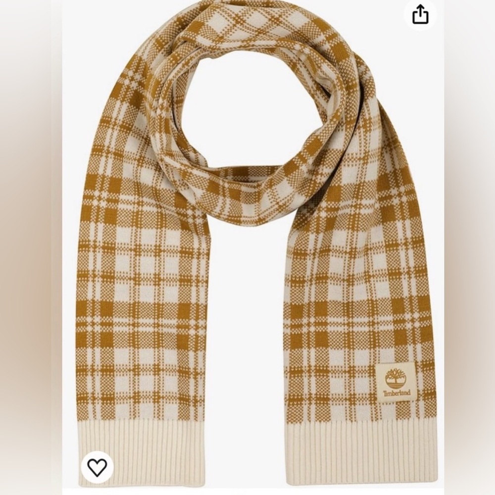 NWT Timberland White & Tan Plaid Knit Scarf. 64” Long. Unisex
